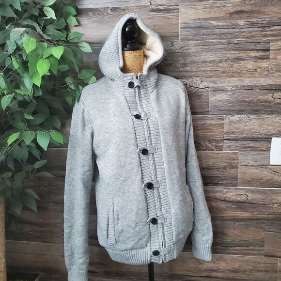 AMERICAN STITCH Toggle Knit Hoodie Sweater Men's L Light Gray Full Zip
